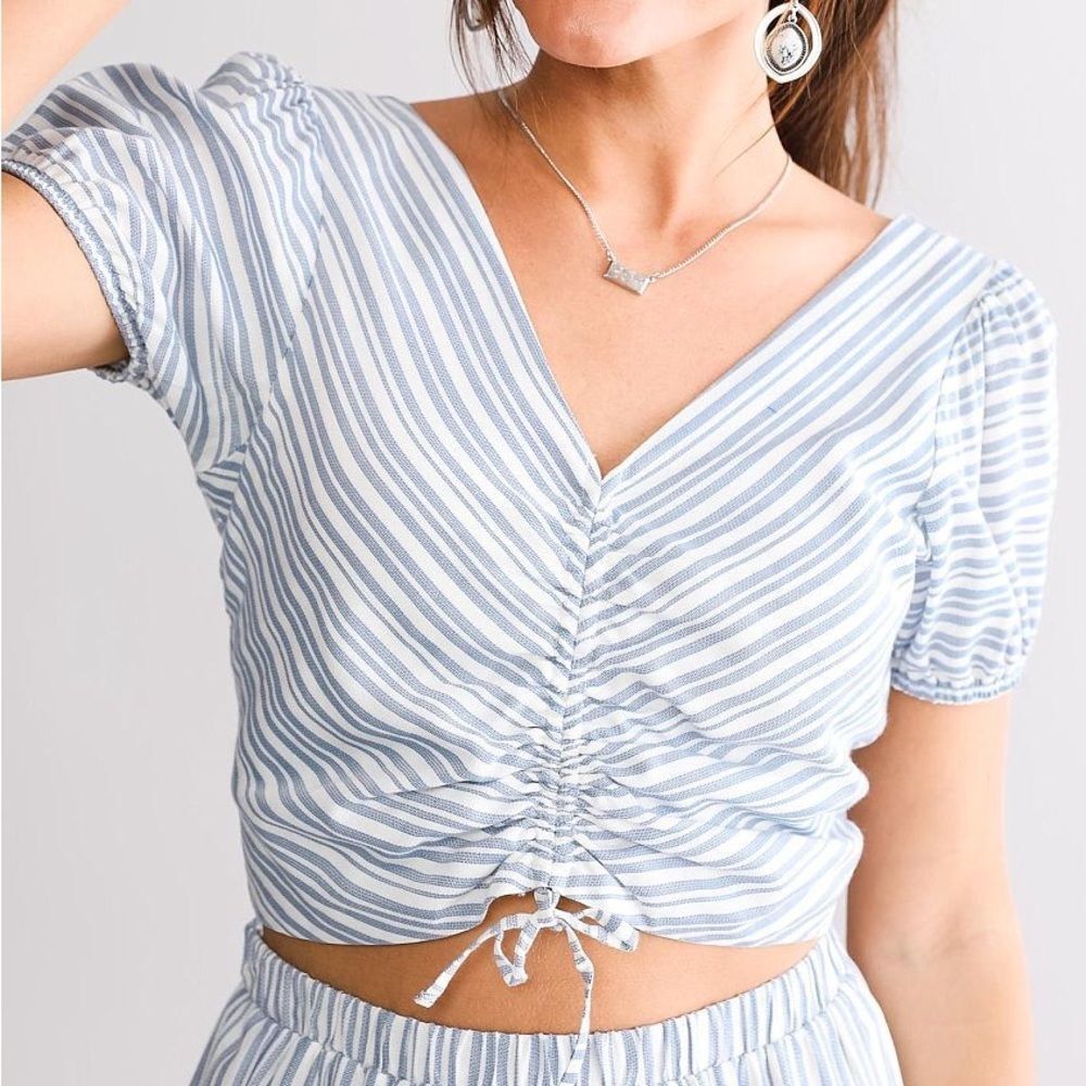 Daytrip Light Blue and White Ruched Blouse